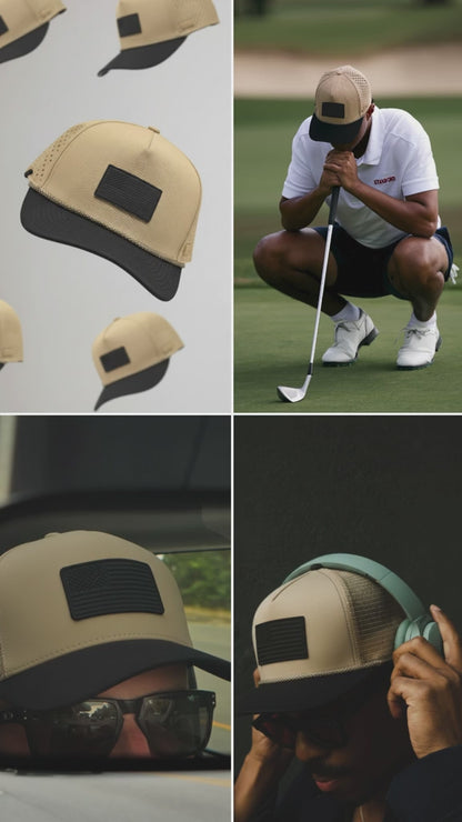Curves & Clubs Golf Hat – Tan and Black USA Flag Patch
