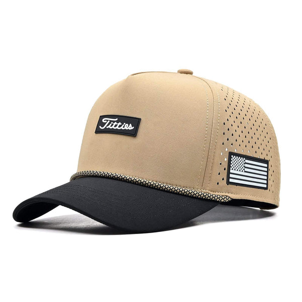 Tan Titties Golf Hat with bold embroidery and American flag design