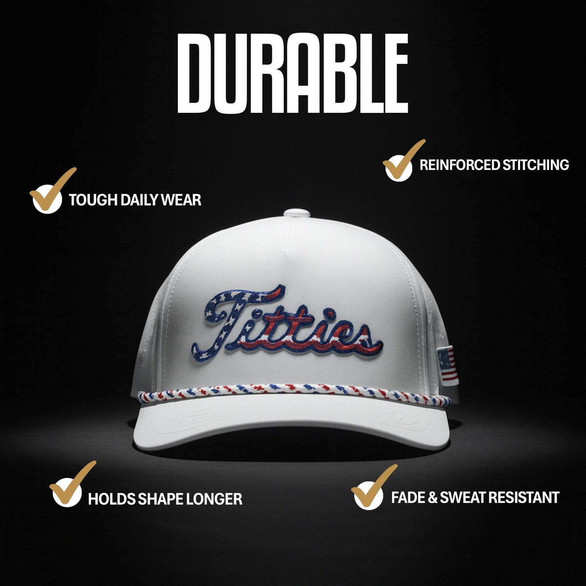 USA Titties golf hat with bold embroidery and American flag design
