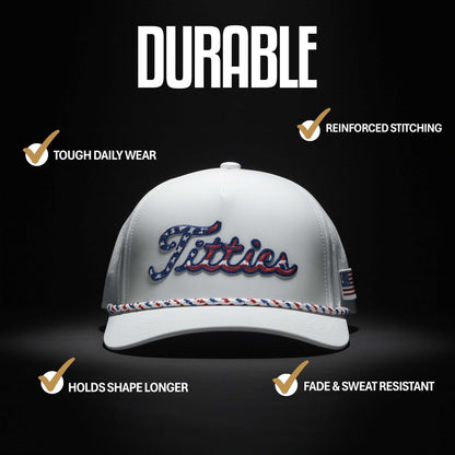 USA Titties golf hat with bold embroidery and American flag design