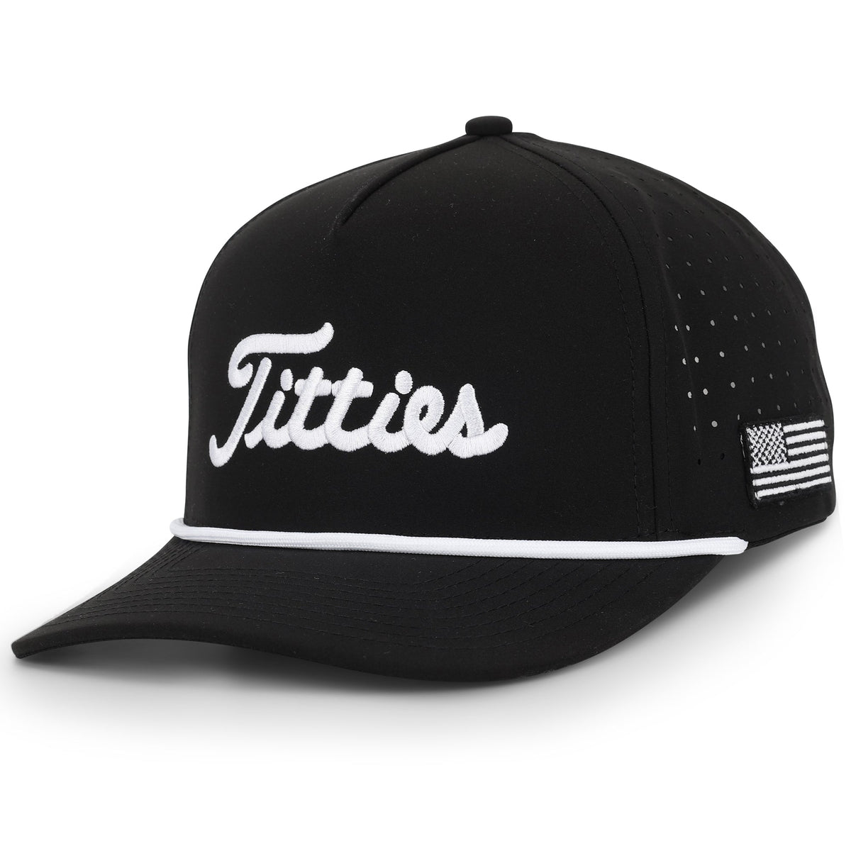USA Titties golf hat with bold embroidery and American flag design