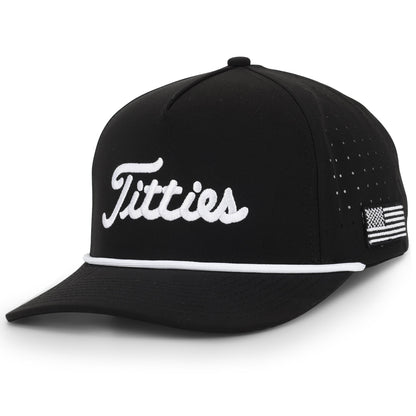 USA Titties golf hat with bold embroidery and American flag design